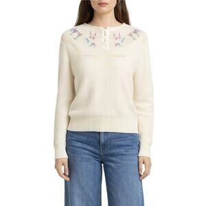 Acrylic Fibre 1970s Vintage Cream Floral Embroidered Knit Grandma Sweater Small